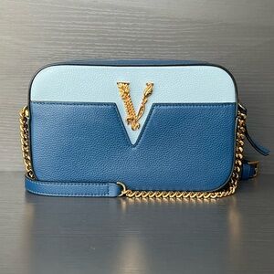 Versace Two-Tone Blue Crossbody Bag with Gold Chain